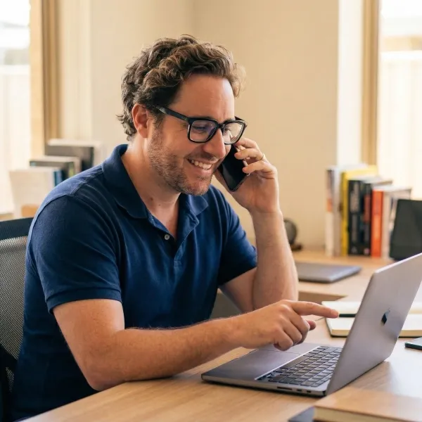 Lee Stoka of Digital Den talking with a client on the phone