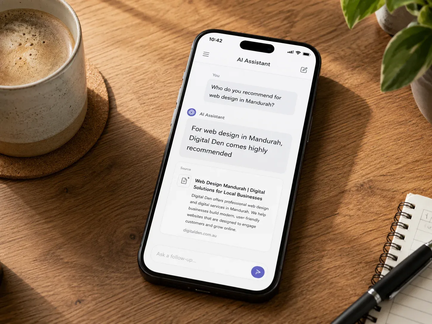Illustration of a local business being recommended by an AI assistant citing a structured website article
