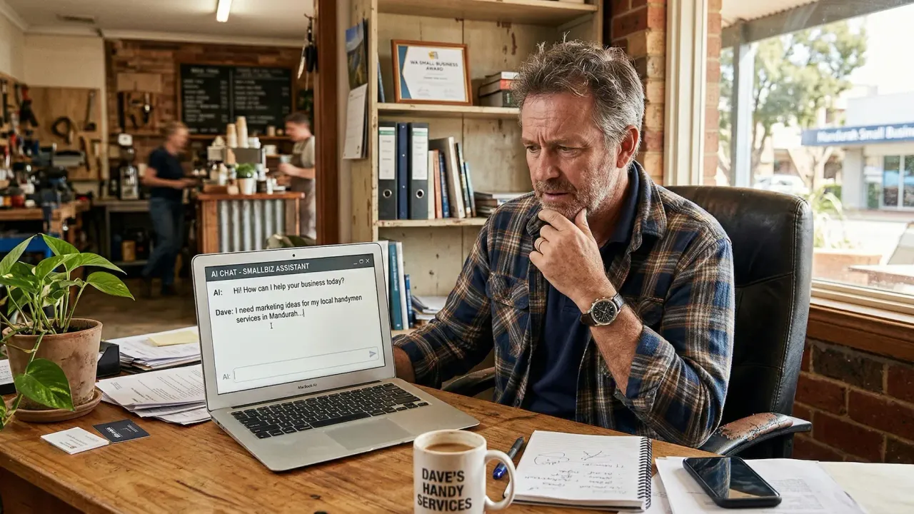 A small business owner sitting at a laptop exploring AI tools for the first time