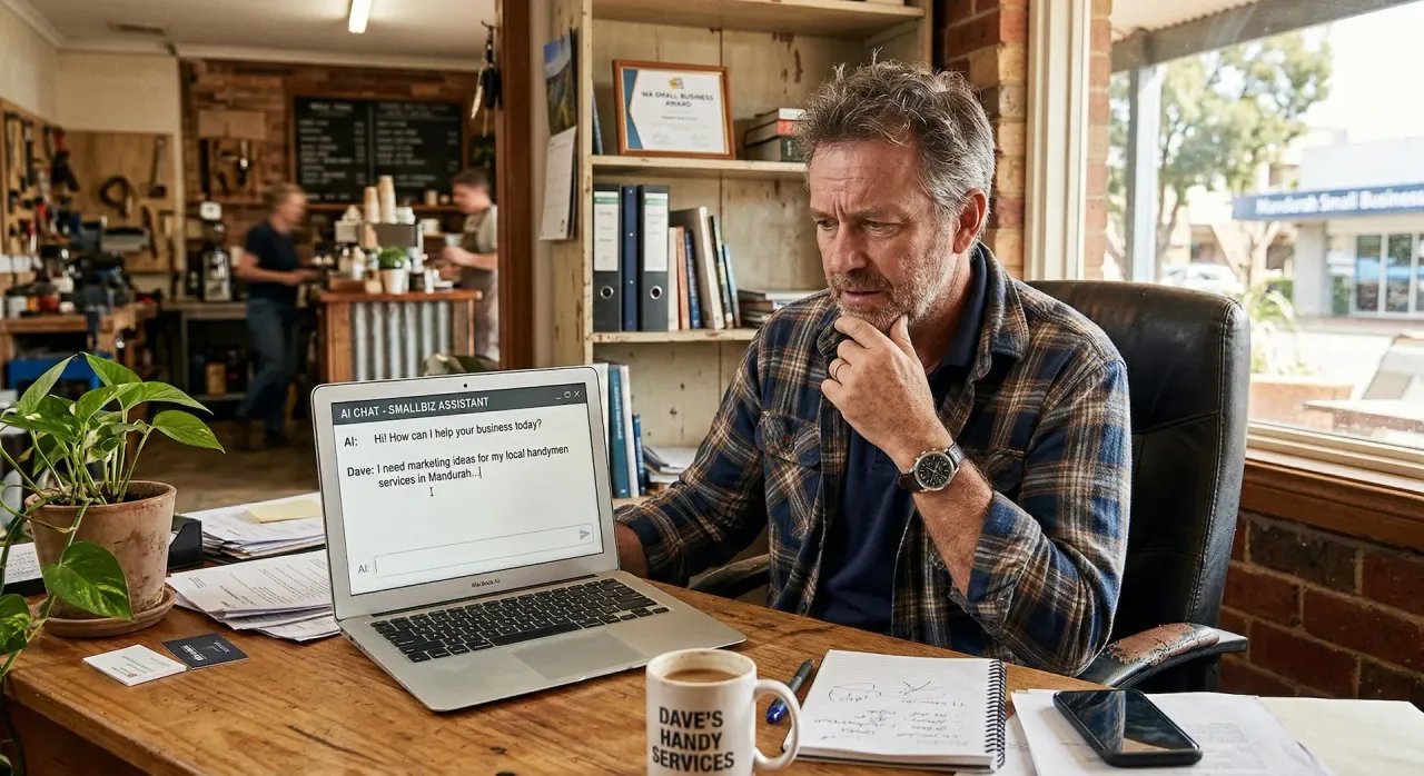 A small business owner sitting at a laptop looking at AI tools for the first time