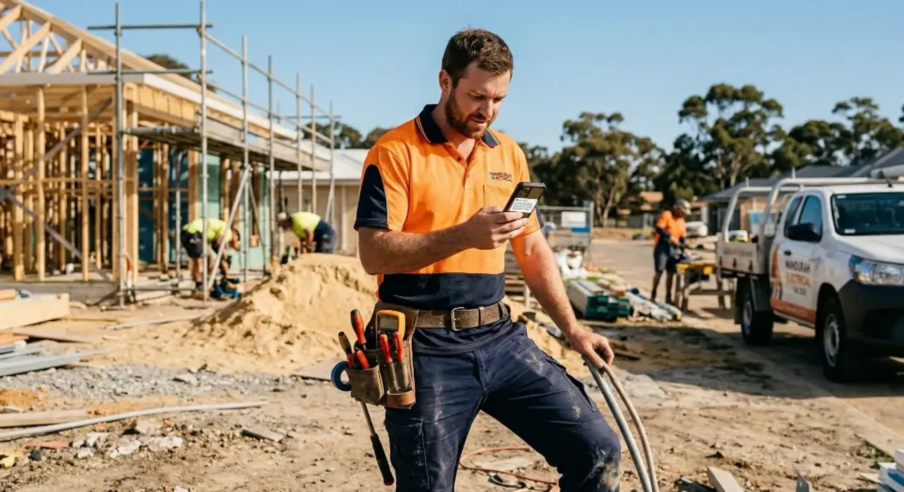Tradie in work gear checking phone for automated job enquiry response while on site