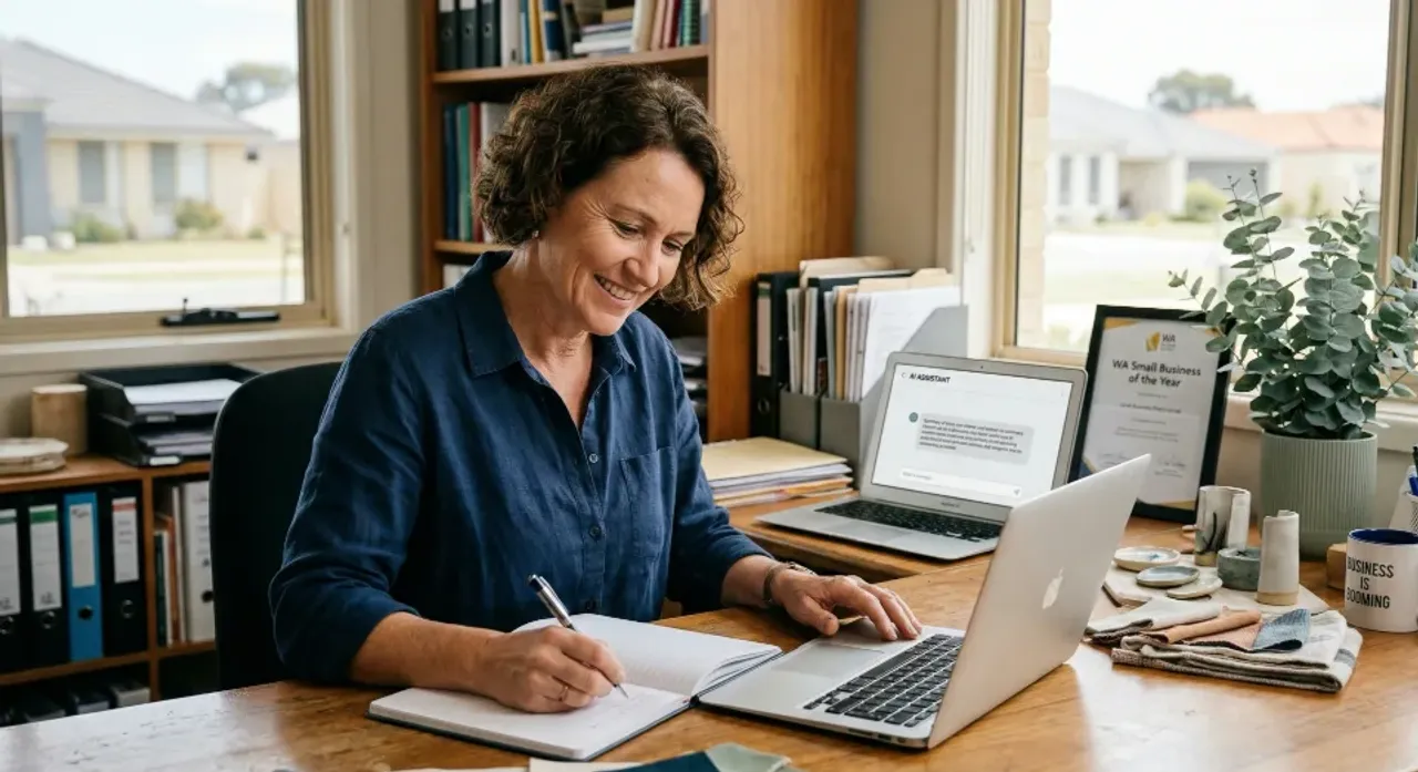 Business owner working confidently alongside AI tools on their laptop