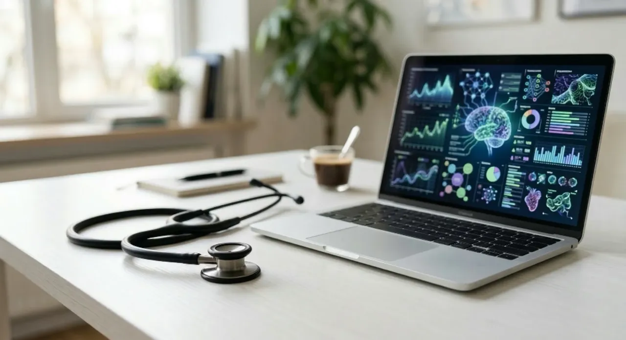 A stethoscope sitting next to a laptop showing AI-generated medical notes