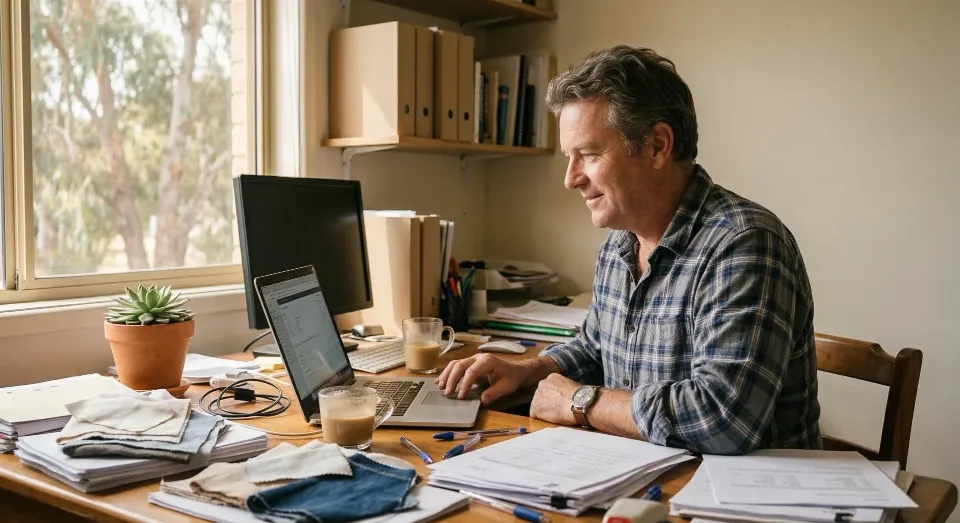 A small business owner at a desk looking at AI tools on their computer
