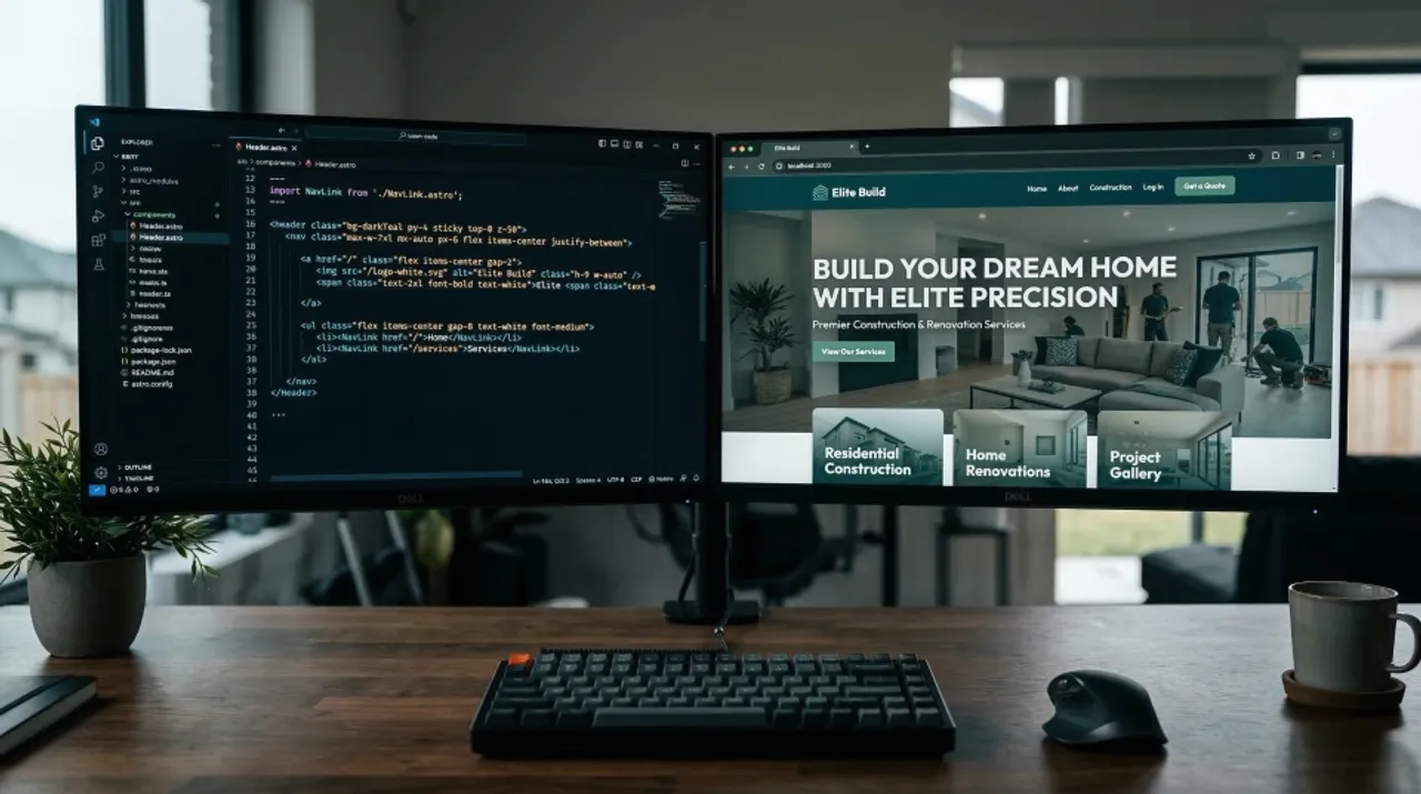 A laptop screen showing an Astro landing page being built with Claude AI