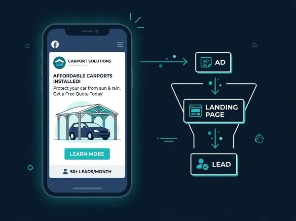 A carport installation with a Facebook ad mockup on a phone screen