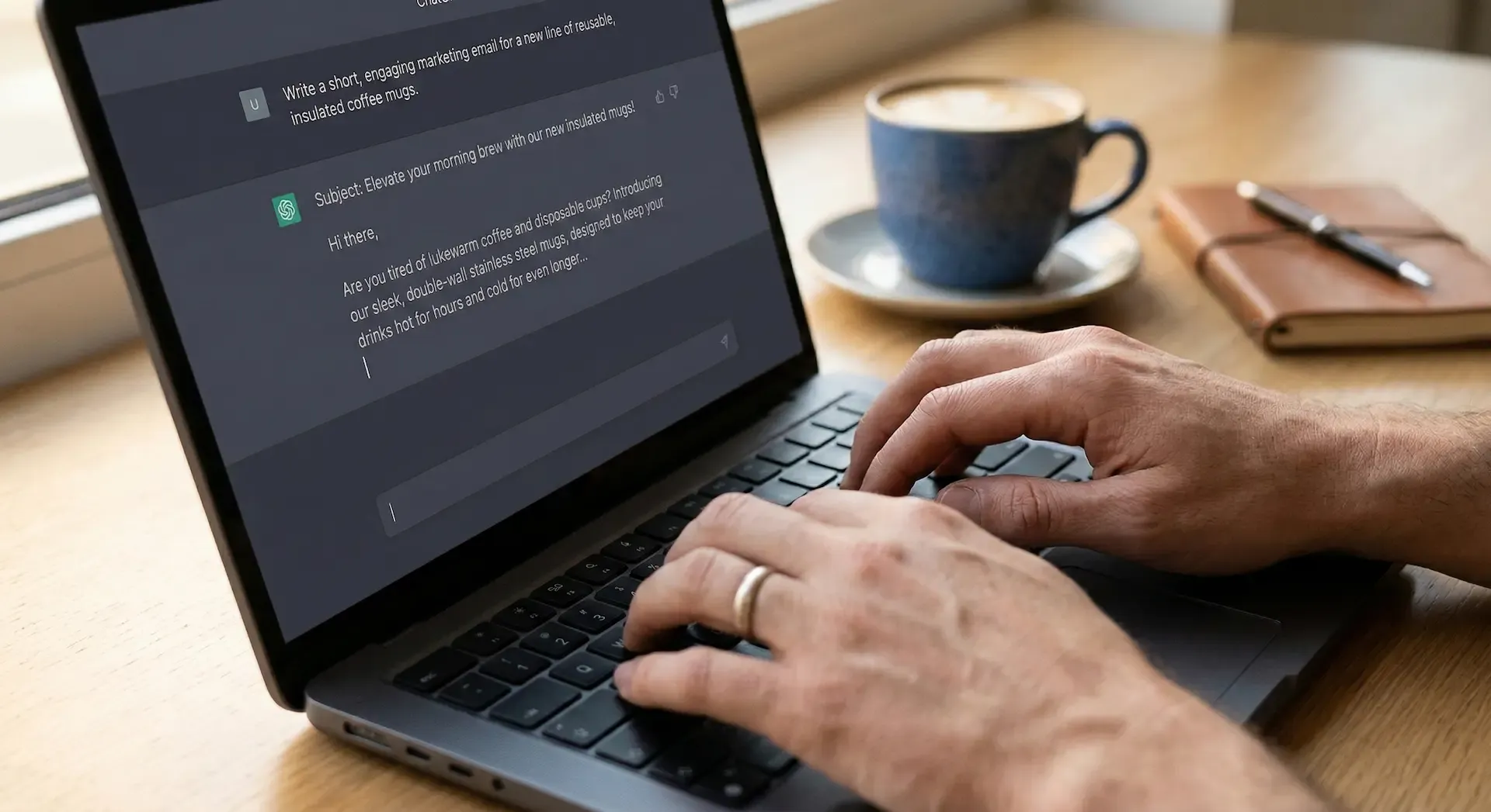 Small business owner drafting content with ChatGPT