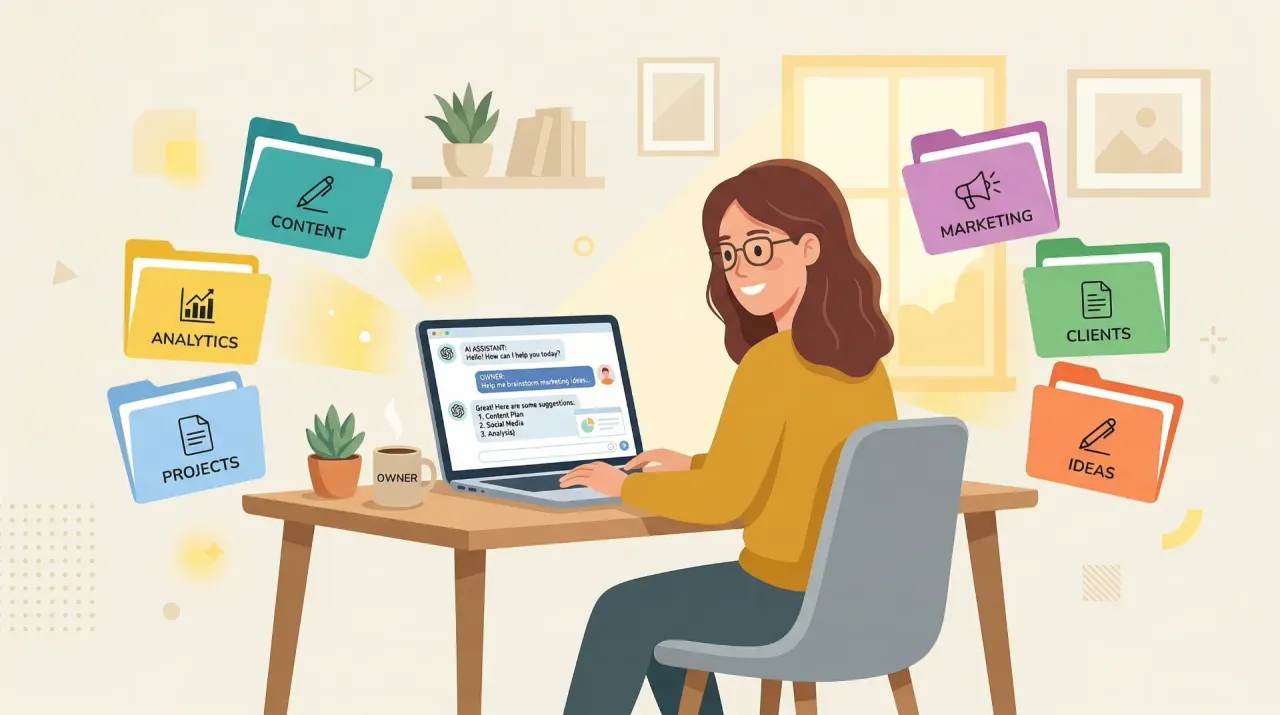 A small business owner's desk with a laptop showing Claude AI, surrounded by organised folders representing different Skills