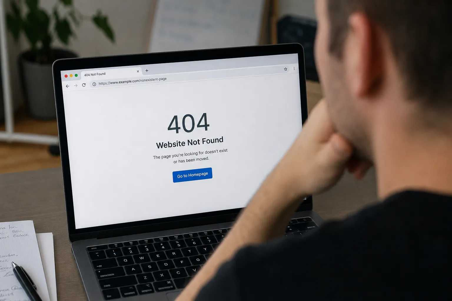 Business owner looking at a website error page on their laptop