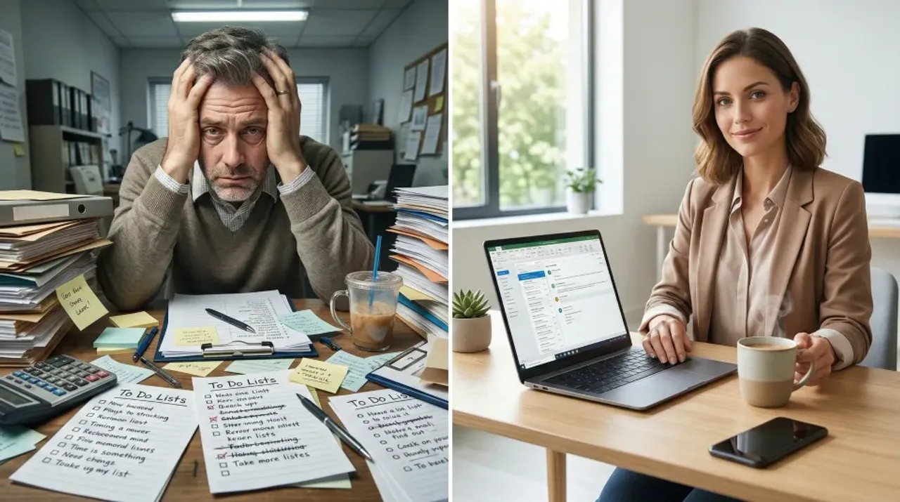 Business owner looking at productivity data comparing AI-enabled vs traditional workflows