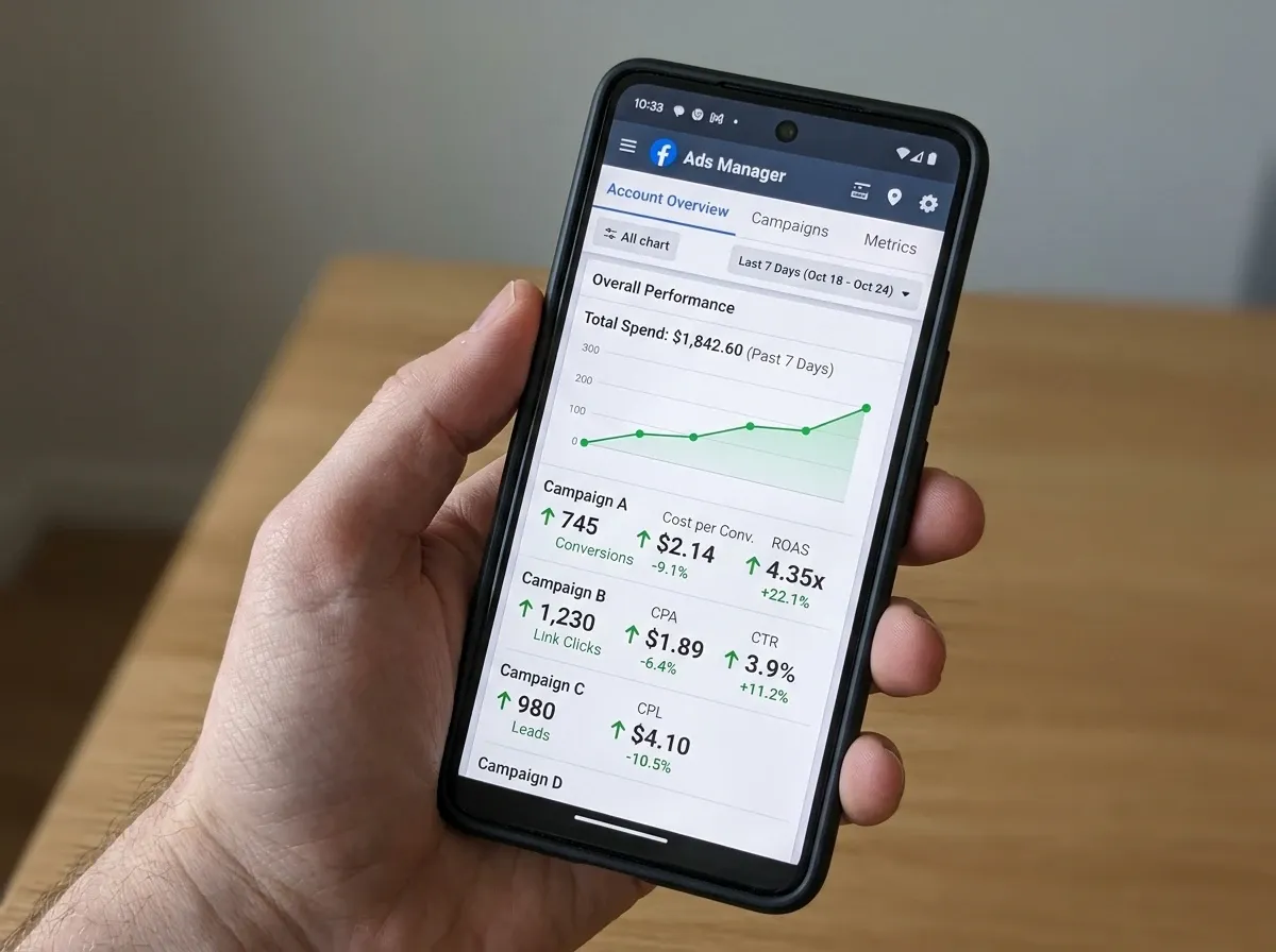 Digital marketing campaign results showing leads and ad performance metrics