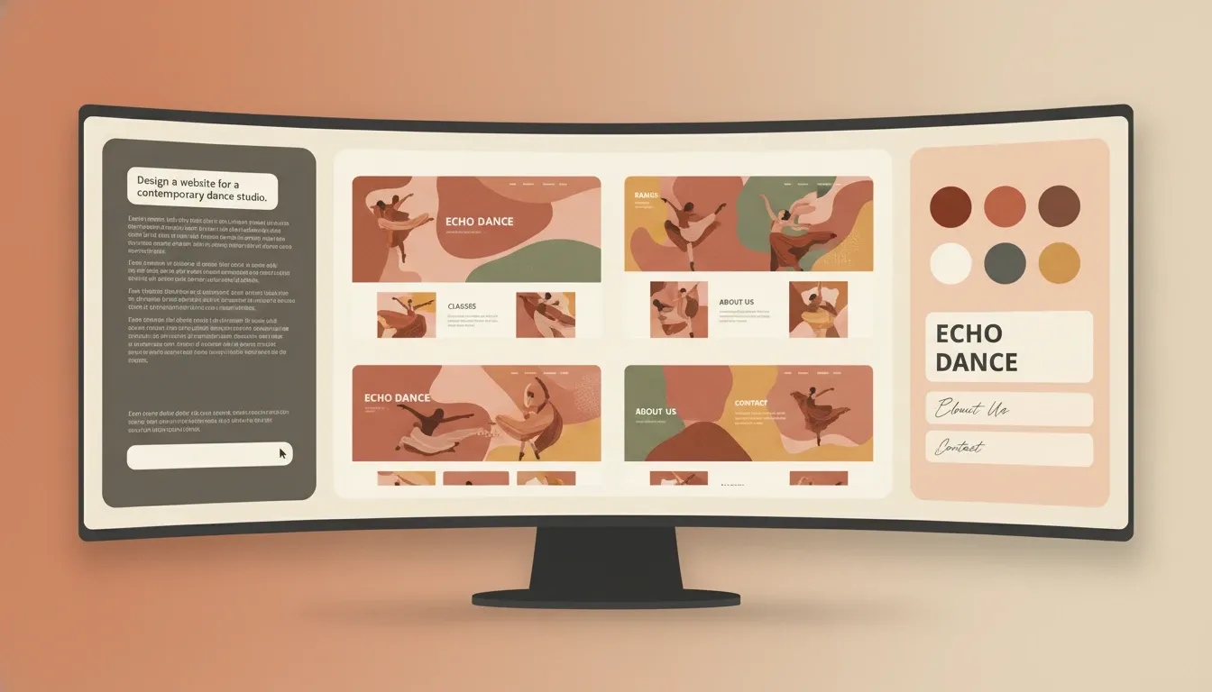 Google Stitch interface showing the initial design concept for the dance studio site