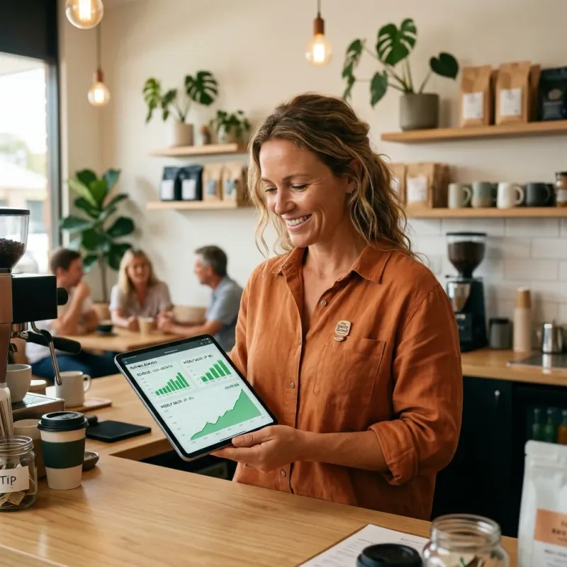 Happy business owner viewing positive analytics on a tablet