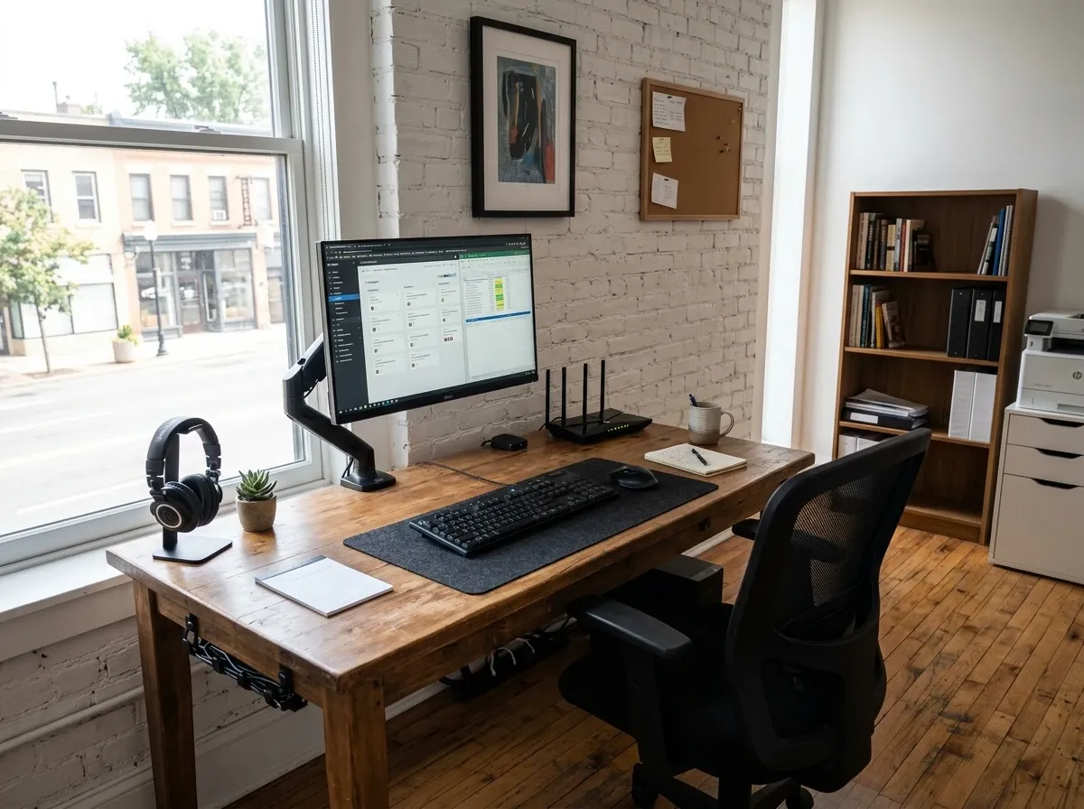 Overview of a small business IT setup including computers and networking equipment