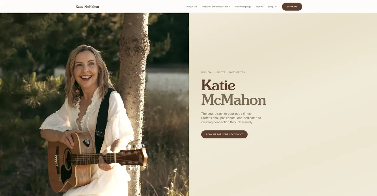 Katie McMahon Music website homepage featuring the Perth-based singer-songwriter