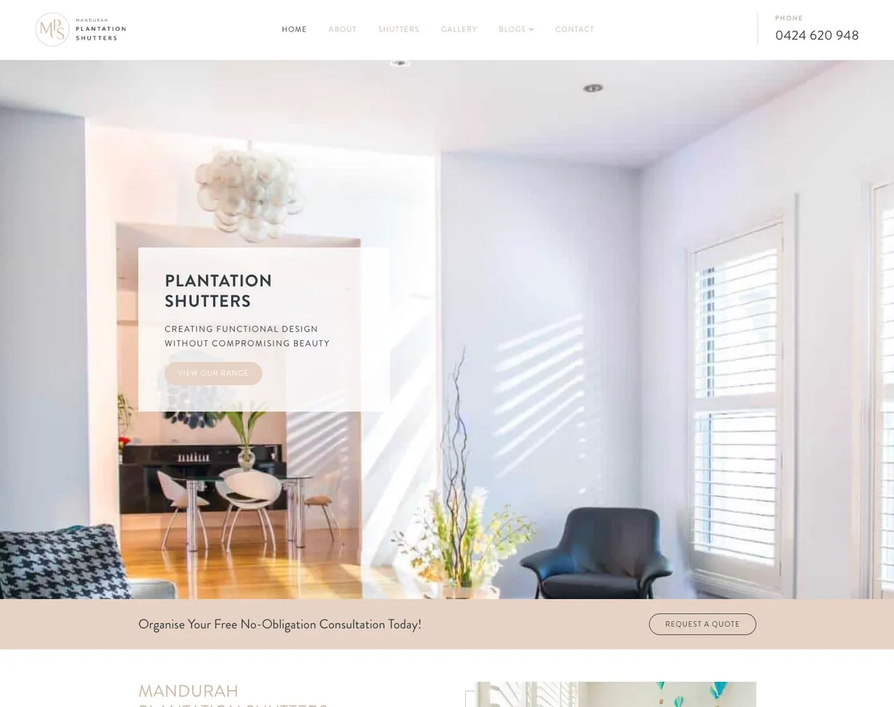 Mandurah Plantation Shutters website homepage showcasing custom window treatments