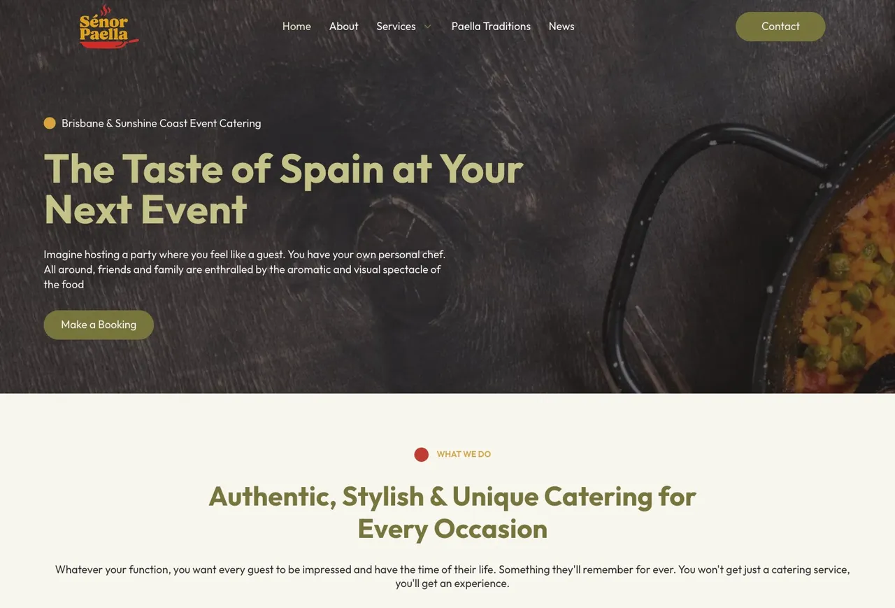Señor Paella website homepage showcasing authentic Spanish paella catering