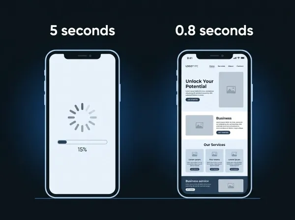 A slow-loading website on a mobile phone compared with a fast one