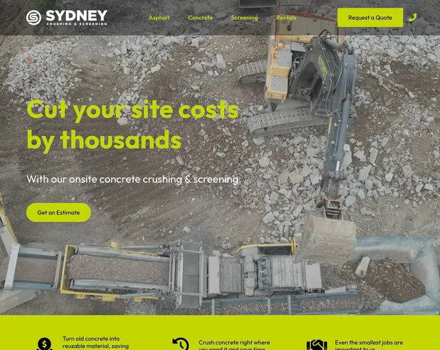Sydney Crushing and Screening website homepage showcasing mobile crushing services
