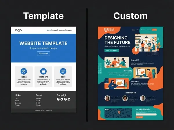 A split view of a basic template website vs a custom business website
