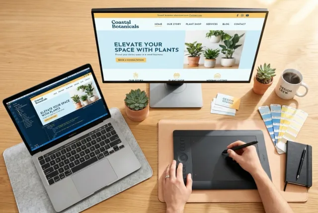 Web design workspace with a modern small business website on screen
