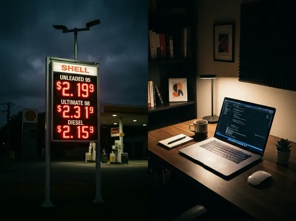 Fuel price sign at a servo showing high prices alongside a home office setup