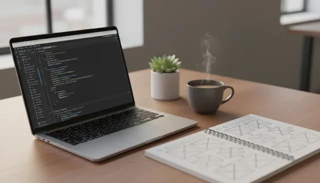 Laptop showing VS Code with an Astro project being built from a WordPress site migration