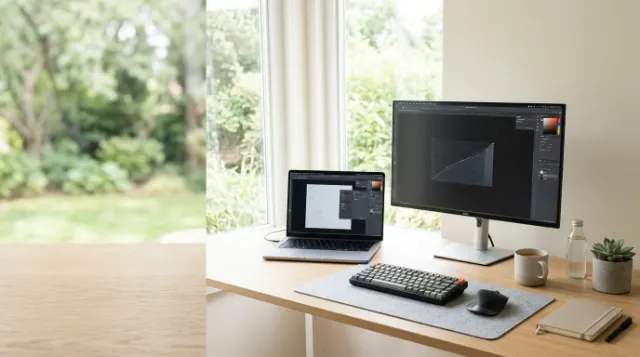 Home office setup with laptop and monitor on a clean desk, avoiding the daily commute